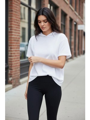 Pulur.co Beyaz Kısa Kollu Kapüşonlu Oversize Sweatshirt