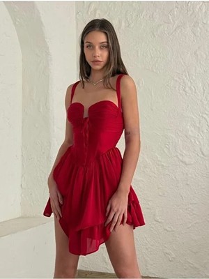 GILLA'S QUEEN Kadın Kırmızı Göğüs Kuplu Saten Askılı Mini Mezuniyet Tasarım Elbise