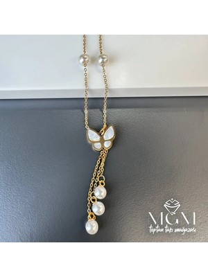 Uravas Store Çelik Sedef Taşlı Kelebek Incili Kolye