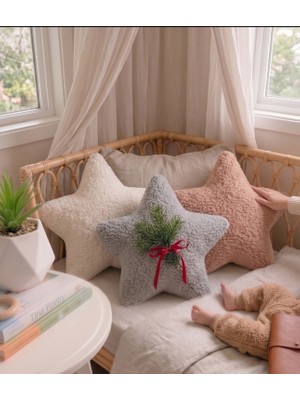 Teddy Store Premium El Yapımı Dekoratif Yıldız Yastık, Buklet Dokulu Kumaş, Boho Stil,