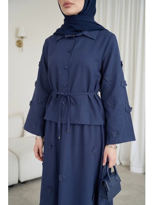 Moda Morfo Kolları Ve Eteği Çiçekli Beli Bağcıklı Gömlek Etek İkili Modal Takım  -Laci