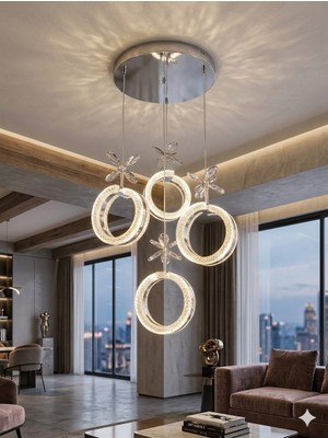 Aura Lighting Aura Lıghtıng Krom Alyans Model 4'lü Sarkıt 3 Renk LED Kumandalı Modern Salon/antre/oda Avizesi