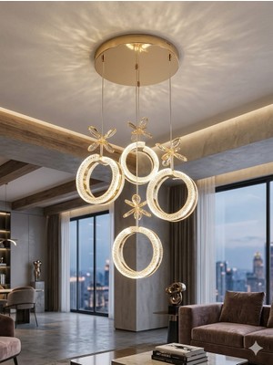 Aura Lighting Aura Lıghtıng Gold Alyans Model 4'lü Sarkıt 3 Renk LED Kumandalı Modern Salon/antre/oda Avizesi