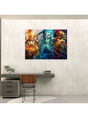 Popcas Kuzey Tanrıları Temalı Dinamik Kompozisyonlar Için Modern Sanat Temperli Cam Tablo