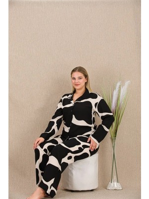 Vip Marketim Vipmarketim Büyük Beden Siyah Beyaz Desenli Düğmeli Uzun Kol Viskon Pijama Takımı