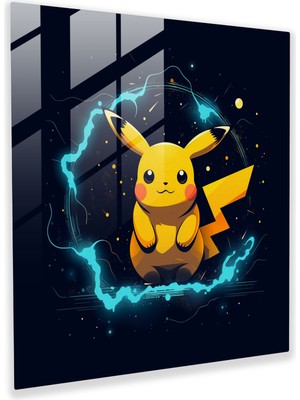 Popcas Minimalist Elektrik Enerjisi Temalı Pikachu Çizgi Sanatı Cam Tablo