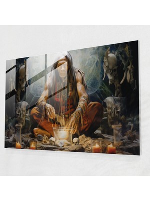 Popcas Şaman Temalı Modern Sanat Dekoratif Cam Tablo