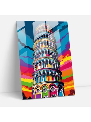 Popcas Pisa Kulesi Temalı Cam Tablo - Çizgi Roman Tarzında Pop Sanat Görseli