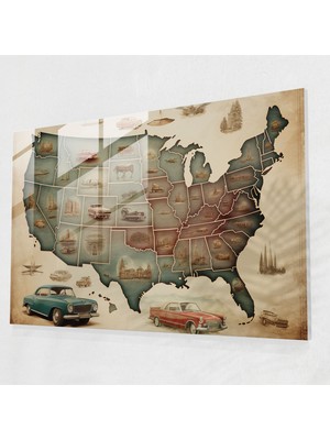 Popcas Vintage Amerika Birleşik Devletleri Haritası Temperli Cam Tablo - Klasik Sanatın Modern Ifadesi