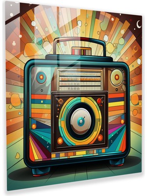 Popcas Retro Radyo Desenli Modern Sanat Temalı Temperli Cam Tablo