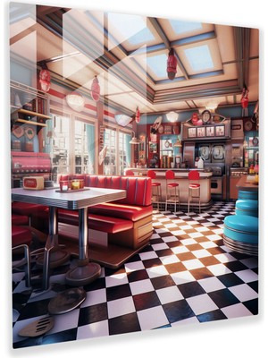 Popcas Retro Diner Teması ile Cam Tablo - Modern Sanat Görünümleri