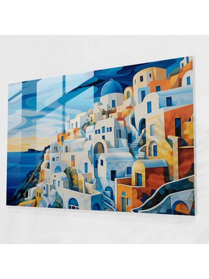 Popcas Santorini Manzarası Soyut Temperli Cam Tablo