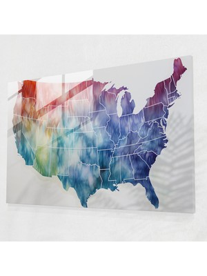 Popcas Modern Sanat Temalı Su Rengi Harita Görseli Cam Tablo - Amerika Birleşik Devletleri Haritası