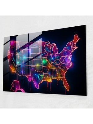 Popcas Neon Temalı Amerika Birleşik Devletleri Cam Tablo - Modern Ev Için Tasarım Haritası Görseli