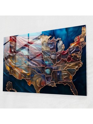 Popcas Modern Harita Tasarımı ile Amerika Birleşik Devletleri Haritası Dekoratif Cam Tablo