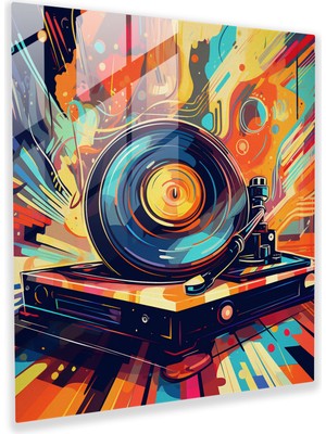 Popcas Renkli Desenler Temalı Cam Tablo - Retro Vintage Plak Sanatı