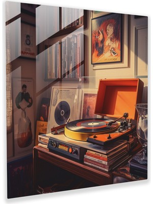 Popcas Vintage Plak Temalı Retro Müzik Cam Tablo