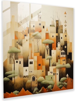 Popcas Köy Temalı Soyut Modern Sanat Geometrik Dekoratif Cam Tablo
