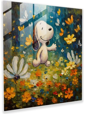 Popcas Snoopy Temalı Doğa Manzarası Kelebekli Temperli Cam Tablo