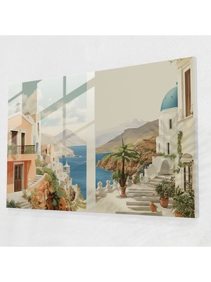 Popcas Santorini Manzaralı Dekoratif Cam Tablo