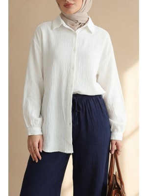 Moda Morfo Oval Kesim Düğmeli Müslin Gömlek -Ekru