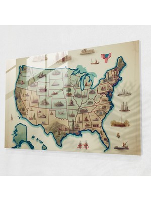 Popcas Vintage Amerika Haritası Temalı Temperli Cam Tablo