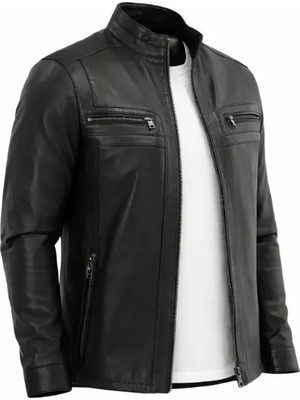 Moda Birbey Erkek Siyah Düz Fermuarlı Deri Ceket  Kuzu Derisi Slim Fit Desenli