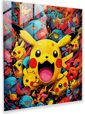 Popcas Pokemon Temalı Canlı Renklerle Pikachu Figürü Dekoratif Cam Tablo