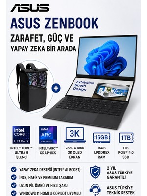 Asus Zenbook Duo Çift 14 Inç 3k OLED 120Hz Dokunmatik Laptop, Core Ultra 9 285H, 32GB Ram, 2tb Ssd, Windows 11, Arc 140T Grafik, Yaratıcı Işler Için Taşınabilir Bilgisayar