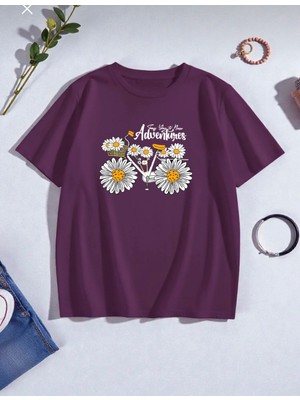 Nigrum Pardus Nıgrum Pardus Papatya Bisikleti Baskılı Yuvarlak Yaka Oversize Kız Çocuk T-Shirt