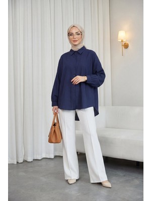 Moda Morfo Arkası Uzun Çizgi Desenli Düğmeli Salaş Gömlek -Laci