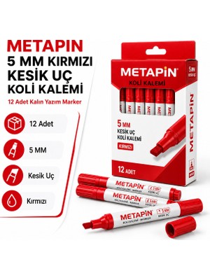 Metapin 5 mm Kırmızı Kesik Uç Koli Kalemi 12 Adet Kalın Yazım Marker Ekonomik Paket