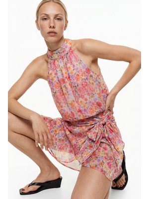 Quzu Çiçek Desenli Halter Yaka Crop Bluz Pembe