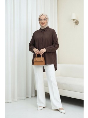 Moda Morfo Arkası Uzun Çizgi Desenli Düğmeli Salaş Gömlek -K. Kahve