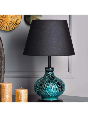 Matmel Light Patara Çini Detaylı Seramik Abajur - Siyah / Turkuaz