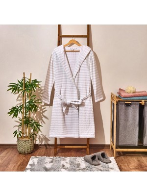 Matmel Soft Kapüşonlu Çizgili Erkek Bornoz - Beyaz / Mavi - L / Xl