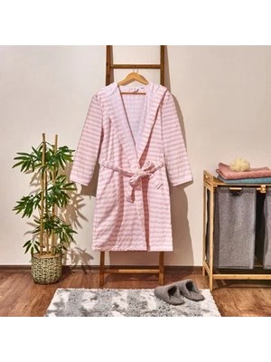Matmel Soft Kapüşonlu Çizgili Kadın Bornoz - Beyaz / Pembe - S / M