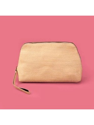 Matmel Hasır Görünümlü Pvc Kozmetik Çantası - Bej - 16X23 cm