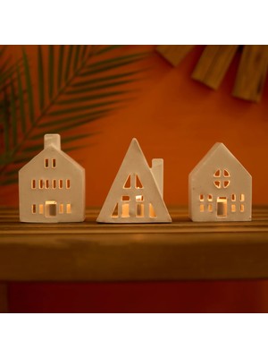 Matmel Deco 3'lü Ev Şekilli Mumluk Seti - Beyaz - 19 cm