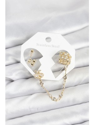 Nemere Kiraz Model Pirinç Gold Renk Zincir Bağlantılı Ear Cuff Küpe Seti - TJ-BKP11549