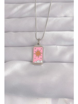 Nemere 316L Çelik Gümüş Renk Pembe Mineli Güneş Model Tarot Kolye - TJ-BKO9043