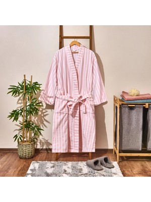 Matmel Soft Kimono Çizgili Kadın Bornoz - Beyaz / Pembe - L / Xl
