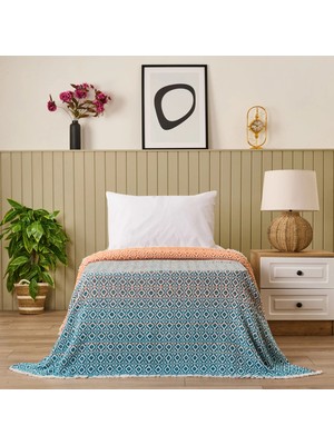 Matmel Soft Zemira Pamuklu Tek Kişilik Battaniye - Mavi / Turuncu - 150X200 cm