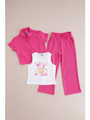 FullaModa Love Mum Baskılı Bürümcük Kumaş Kız Çocuk 3 Lü Takım