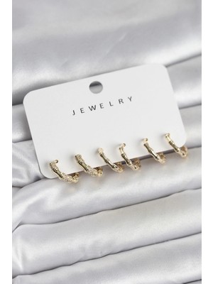 Nemere Gold Renk Pirinç Kemik Model 3 Çift Kadın Küpe Seti - TJ-BKP11646