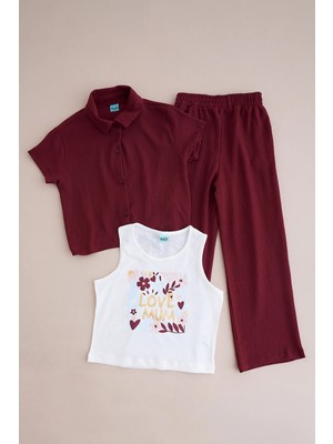 FullaModa Love Mum Baskılı Bürümcük Kumaş Kız Çocuk 3 Lü Takım