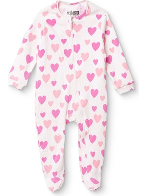 Hellobaby Kız Bebek Tulum Kalp Baskılı Fermuarlı Bisiklet Yaka Uzun Kol Patikli