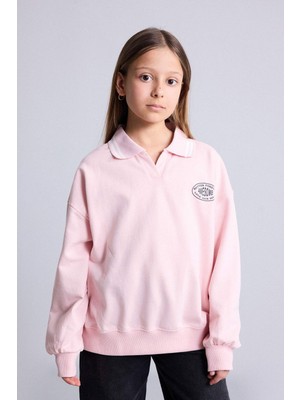 DeFacto Okula Dönüş Polo Yaka Slogan Baskılı Içi Yumuşak Tüylü Sweatshirt Kumaşı Sweatshirt Kız ÇOCUK G5767A826SP