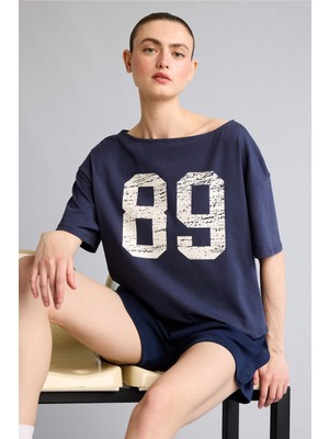 DeFacto Pamuklu Comfort Fit Indigo Bisiklet Yaka Sporcu Kısa Kollu Tişört H8554AX26SM