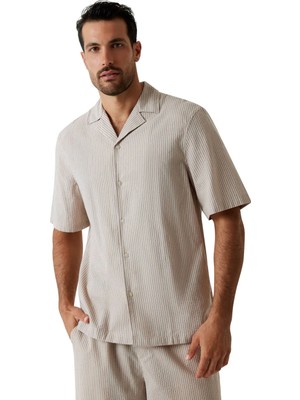 Guess Ekru Erkek Relaxed Çizgili Gömlek M6GH33W1721-SM1R Krem Gömlek